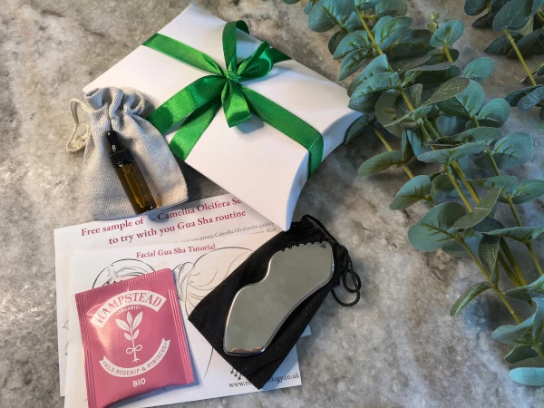 Glow Box Contents: Stainless Steel Gua Sha Tool, Instructions for use, vial of facial oil, pillow box tied with a ribbon
